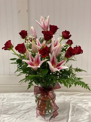 Dozen Long Stem Red Roses with Lilys